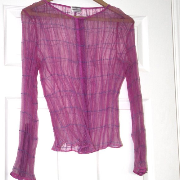 Philosophy di Alberta Ferretti Tops - Philosophy di Alberta Ferretti Pink Crinkle Sheer Top Blouse Zippers Italy VTG